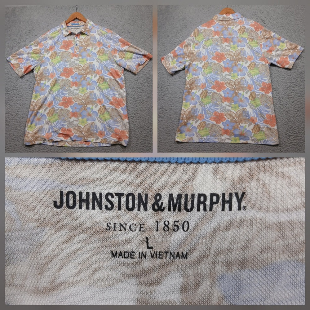 Johnston & Murphy Men's Polo Shirt L Floral Hawaiian Print Short Sleeve